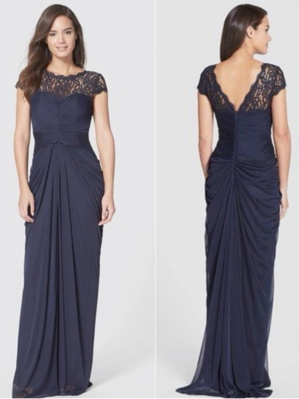 Adrianna Papell‎ Navy Lace Yoke Ruched Drape Gown Formal Evening Dress